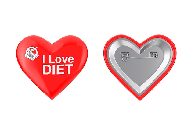 Insignias de Pin de corazón rojo con I Love Diet Sign sobre un fondo blanco. Representación 3D