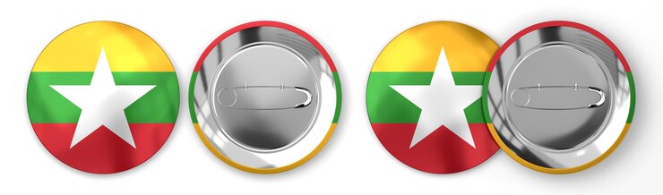 Foto insignias redondas de myanmar con bandera del país sobre fondo blanco ilustración 3d