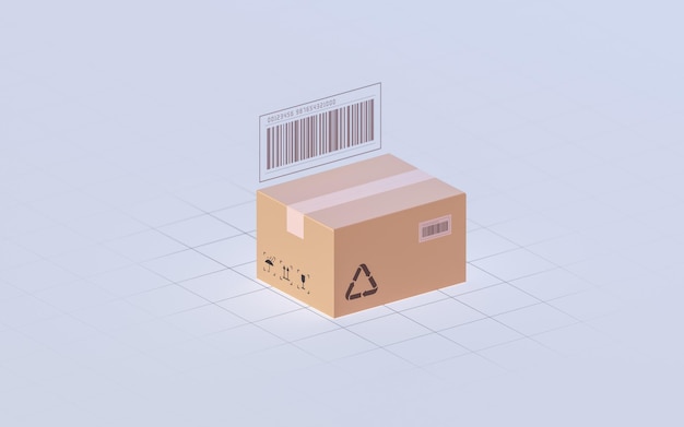 Inspeção de mercadoria de caixa e código de barras e renderização 3d de transporte