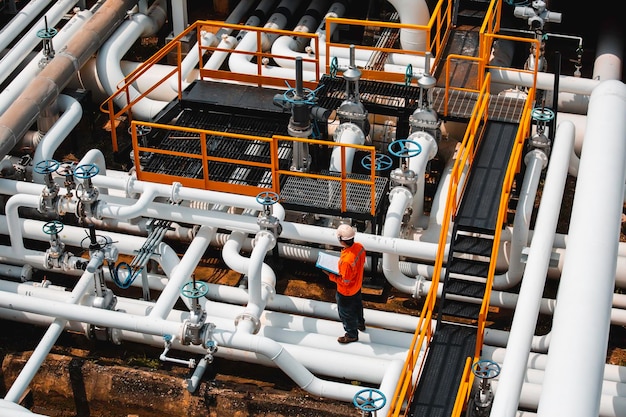 Foto inspeção de trabalhador masculino de vista superior na válvula de controle do óleo e gás do oleoduto de registro de verificação visual