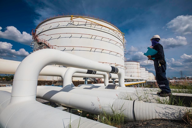 Inspeção de trabalhador masculino em tubos longos de aço e cotovelo de tubo na fábrica de óleo de estação de óleo de tanque durante válvula de refinaria de óleo e gás de oleoduto de registro de verificação visual