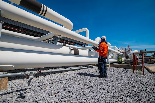 Inspeção de trabalhadores do sexo masculino em tubos longos de aço e cotovelo de tubos em uma fábrica de petróleo durante a válvula da refinaria do óleo da tubulação de verificação visual