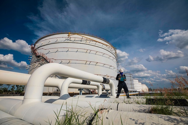 Inspeção de trabalhadores do sexo masculino em tubos longos de aço e cotovelo de tubos na fábrica de petróleo da estação de tanque de petróleo durante a válvula da refinaria do registo de verificação visual do oleoduto e do gás