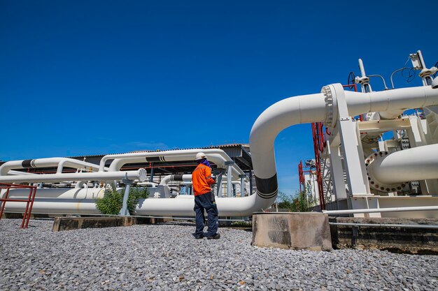 Inspeção de trabalhadores masculinos em tubos longos de aço e cotovelo de tubo na fábrica de óleo da estação durante a válvula de refinaria do óleo de oleoduto de registro de verificação visual