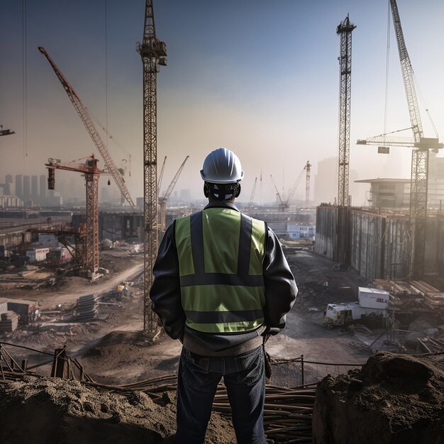 Inspeção do local de construção Engenheiro civil dedicado em ação