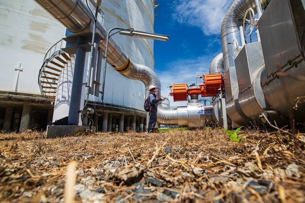 Foto inspeção do trabalhador masculino em tubos longos de aço e cotovelo de tubo na fábrica de óleo da estação durante a válvula de refinaria de óleo e gás de tubulação de registro de verificação visual