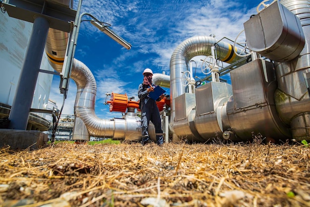 Inspeção do trabalhador masculino em tubos longos de aço e cotovelo de tubo na fábrica de óleo da estação durante a válvula de refinaria de óleo e gás de tubulação de registro de verificação visual