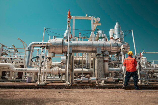 Foto inspeção do trabalhador masculino no trocador de tanque de petróleo da refinaria de tubulação da planta de vapor e do tanque de coluna de petróleo da petroquímica