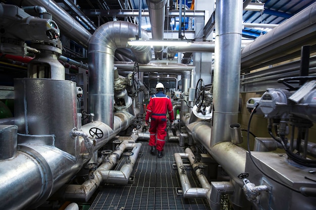 Inspeção visual do macho para ser trabalhador dentro da válvula da sala de controle e usinas de energia do oleoduto