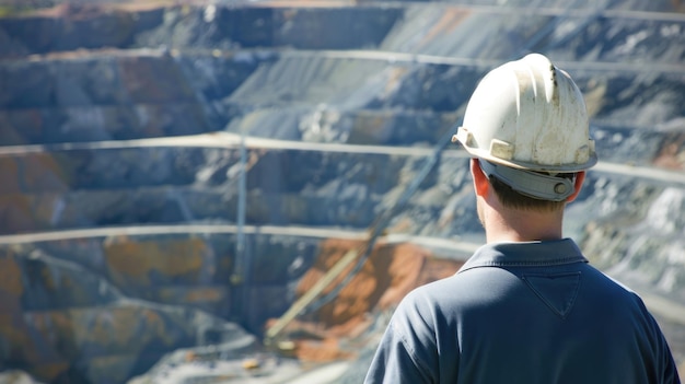 Inspecção da mina de cobre homem de chapéu duro supervisiona as operações a céu aberto garantindo segurança e eficiência na extração de recursos