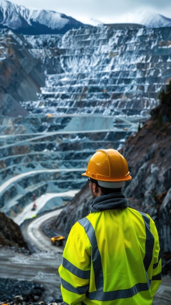 Inspecção da mina de cobre homem de chapéu duro supervisiona as operações a céu aberto garantindo segurança e eficiência na extração de recursos