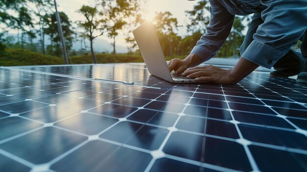 Inspecção de painéis solares por um engenheiro Exploração econômica de energia e redução de custos com tecnologia de portátil