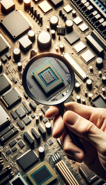 Inspecção do chip do processador com lupa