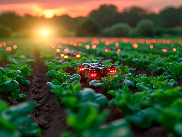 Inspección de campos con drones que escanean la agricultura de tecnología futura generada por la IA