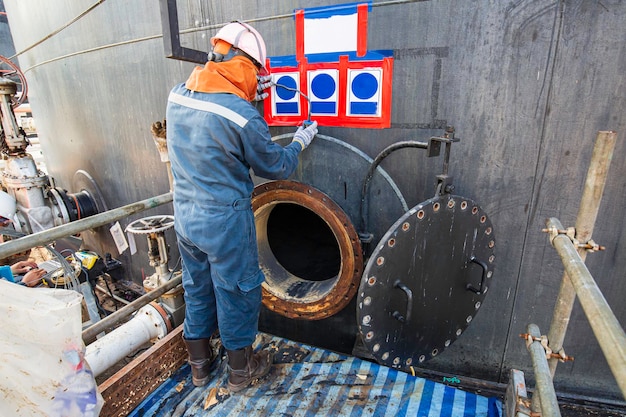 Inspección de dos trabajadores masculinos, placa de espesor ultrasónico, tanque de material de acero, espacio confinado