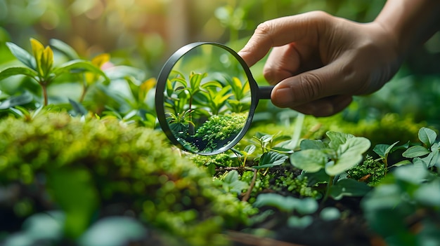 Foto inspección ecológica de lentes de ampliación que examinan la calidad y la sostenibilidad de los productos en la foto