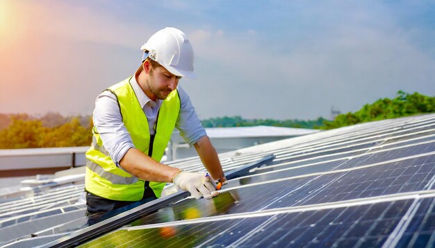 Inspección y mantenimiento de la instalación de células solares en el techo de la fábrica