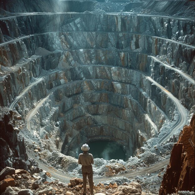 Foto inspección de la mina de cobre hombre con casco duro supervisa las operaciones a cielo abierto asegurando la seguridad y la eficiencia en la extracción de recursos