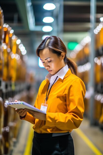 Foto inspección de la mujer de negocios en la fábrica de bebidas confirma la calidad del producto