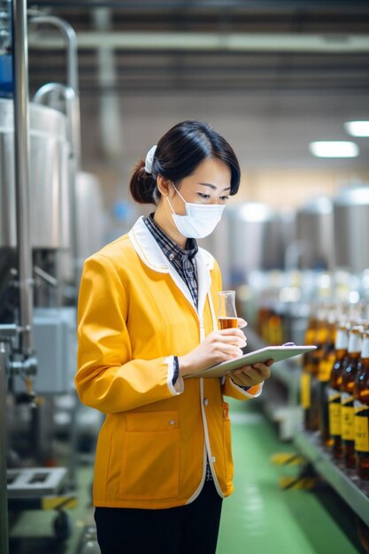 Foto inspección de la mujer de negocios en la fábrica de bebidas confirma la calidad del producto