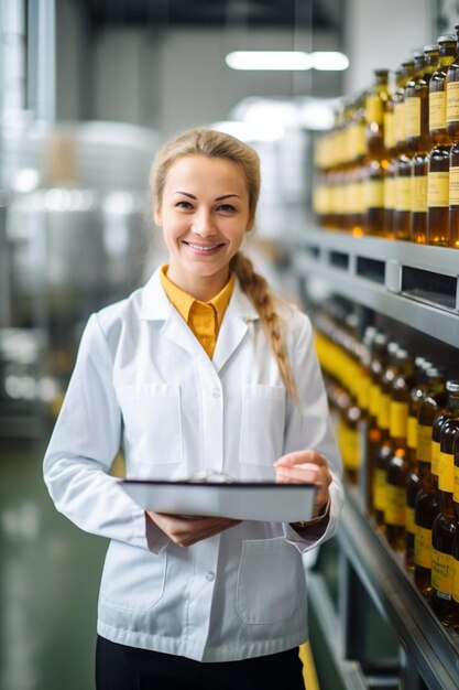 Inspección de la mujer de negocios en la fábrica de bebidas confirma la calidad del producto