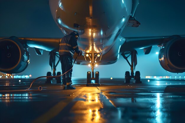 Foto inspección nocturna de las aeronaves en la pista por parte de un técnico concepto mantenimiento de aeronaves inspección noturna de las operaciones de la pista técnico de seguridad seguridad de las aeronaves