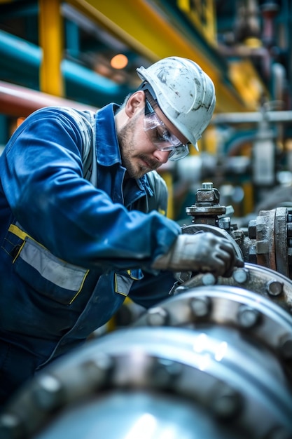 Inspección por parte de un trabajador masculino de tuberías largas de acero y codos de tuberías en una fábrica de petróleo de estación durante la refinería