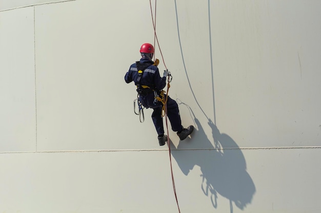 Inspección de seguridad de altura de acceso de cuerda de trabajador masculino del tanque de gas y aceite de almacenamiento de espesor