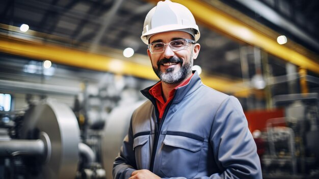Foto inspección de seguridad industrial ingeniero feliz con casco duro en el interior del espacio de trabajo de la planta de fábrica moderna