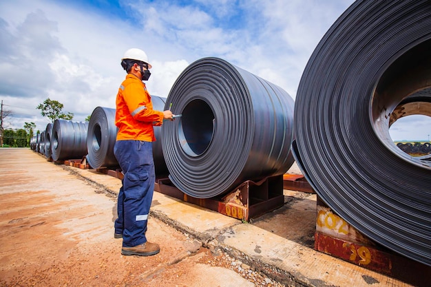 Inspección de un trabajador del ingeniero en rollos de láminas de acero al carbono fuera de la fábrica