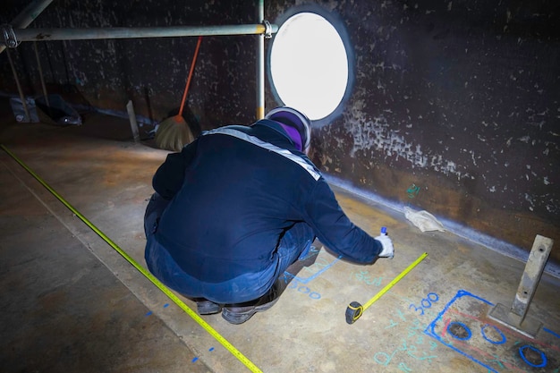 Inspección del trabajador masculino tanque de escaneo de piso flotante externo de pared de óxido que pierde la placa inferior de espesor en el tanque de alcantarilla