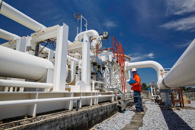 Inspección de trabajador masculino en tubos largos de acero y codo de tubería en la fábrica de aceite de la estación durante la válvula de refinería del registro de verificación visual