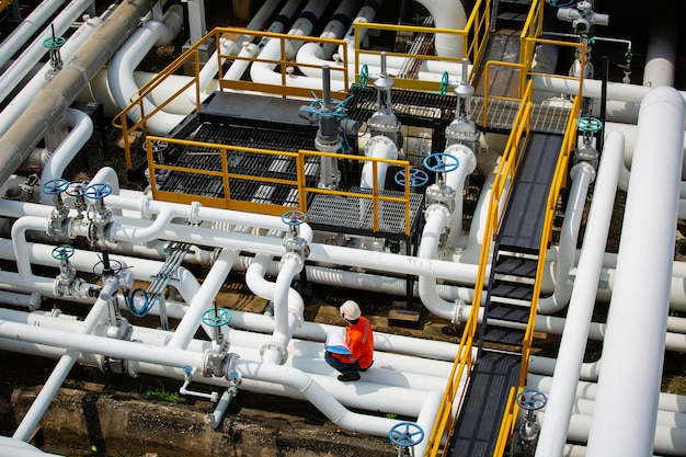 Foto inspección de trabajador masculino de vista superior en la válvula de la industria de petróleo y gas de tubería de registro de verificación visual