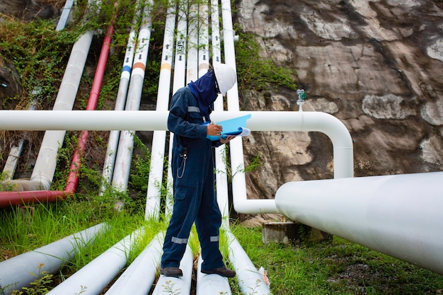 Inspección de trabajador de sexo masculino, tubería visual, tubería de corrosión de petróleo y gas, industria de tuberías de vapor