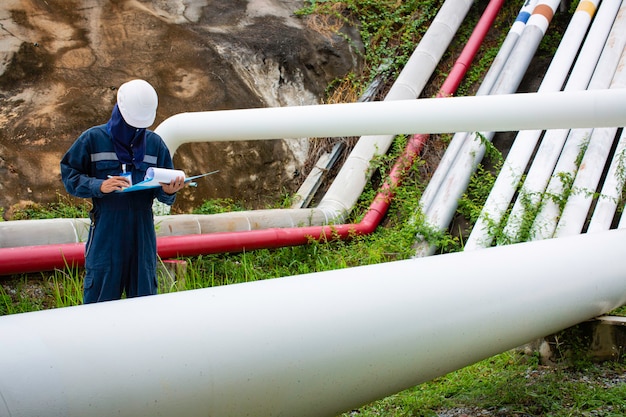 Inspección de trabajador de sexo masculino, tubería visual, tubería de corrosión de petróleo y gas, industria de tuberías de vapor