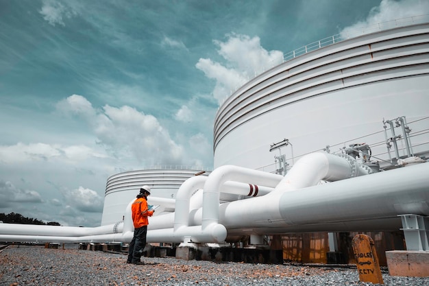 Inspección de trabajadores masculinos en tuberías largas de acero y codos de tubería en la fábrica de aceite de la estación durante la válvula de refinería del aceite del tanque de la tubería de registro de control visual