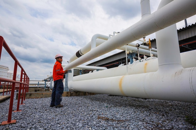 Inspección de trabajadores masculinos en tuberías largas de acero y codos de tubería en la fábrica de petróleo de la estación durante la válvula de refinería de la tubería de registro de control visual