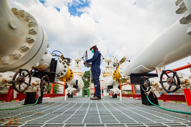 Inspección de trabajadores masculinos en tuberías largas de acero y codos de tubería en la fábrica de petróleo de la estación durante la válvula de refinería de la tubería de registro de verificación visual de petróleo y gas