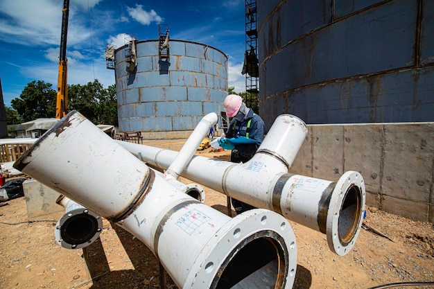 Inspección de trabajadores masculinos en tuberías largas de acero y codos de tuberías tanque de aceite de nueva construcción de la industria de petróleo y gas de registro de verificación visual