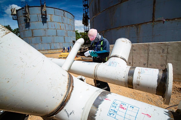 Inspección de trabajadores masculinos en tuberías largas de acero y codos de tuberías tanque de aceite de nueva construcción de la industria de petróleo y gas de registro de verificación visual