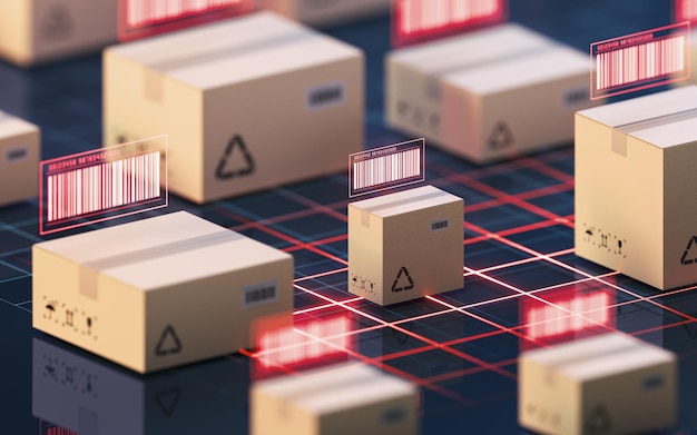 Inspección y transporte de productos básicos de cartón y código de barras Representación 3d