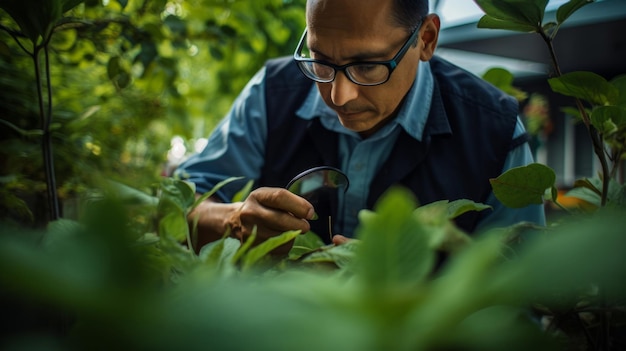 Foto inspeccionando para el técnico de infestación en el patio trasero exuberante