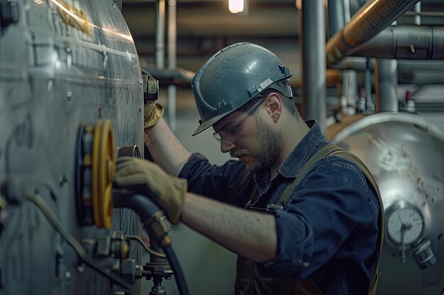 Inspector comprobando un tanque de gas en una fábrica industrial