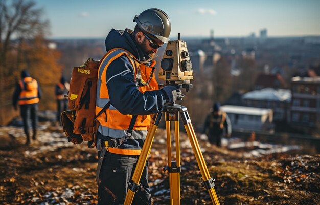 Un inspector de construcción exterior, constructor e ingeniero que utiliza equipos de tránsito de teodolito