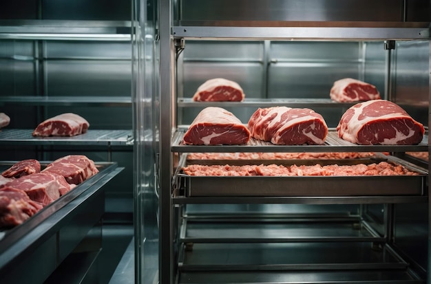 Foto inspector de segurança alimentar numa instalação de armazenamento a frio de carne