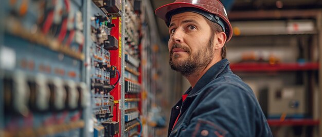 Foto inspector elétrico inspeciona o gabinete da placa de distribuição principal