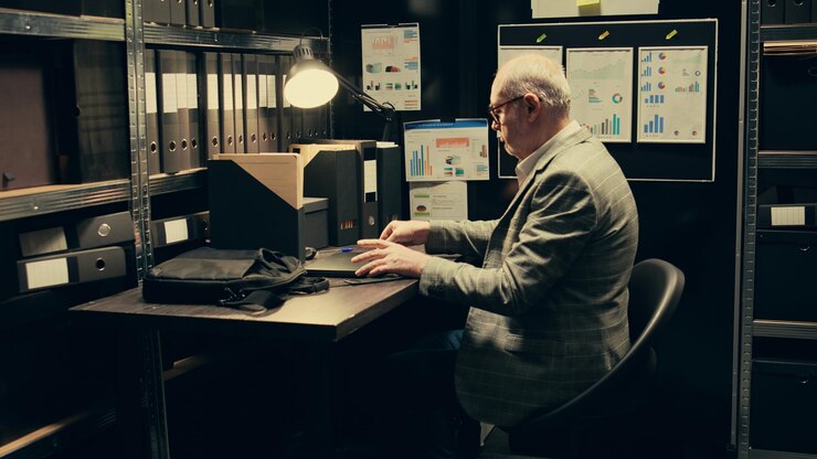 Foto inspector privado abriendo la computadora portátil para examinar pruebas forenses