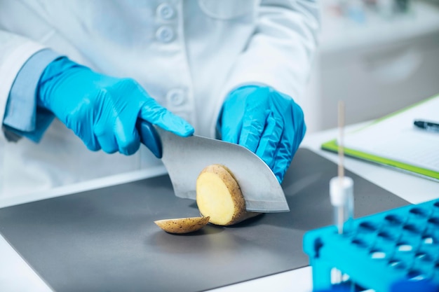 Inspector de Seguridad Alimentaria en Laboratorio Buscando Presencia de Nitratos en Papas