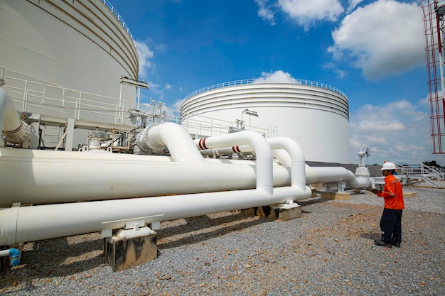 Inspektion durch männliche Arbeiter an langen Stahlrohren und Rohrbogen in der Stationsölfabrik während des Raffinerieventils der visuellen Überprüfung des Öls des Pipeline-Tanks