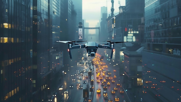 Foto inspektionsdrohnen fliegen durch die straßen der stadt vor der kulisse von wolkenkratzern und starkem verkehr